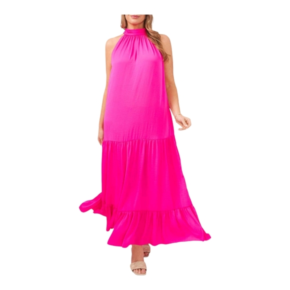 Vince Camuto Tiered Rumple Satin Maxi Dress Plus Size(1X) Halter Neck Sleeveless - Picture 3 of 11